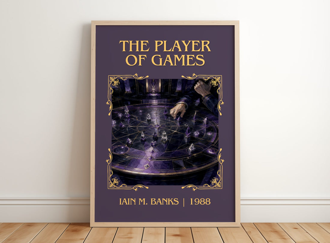 The Player of Games Classic Book Art Print by Iain M. Banks – framed print leaning on a wooden floor