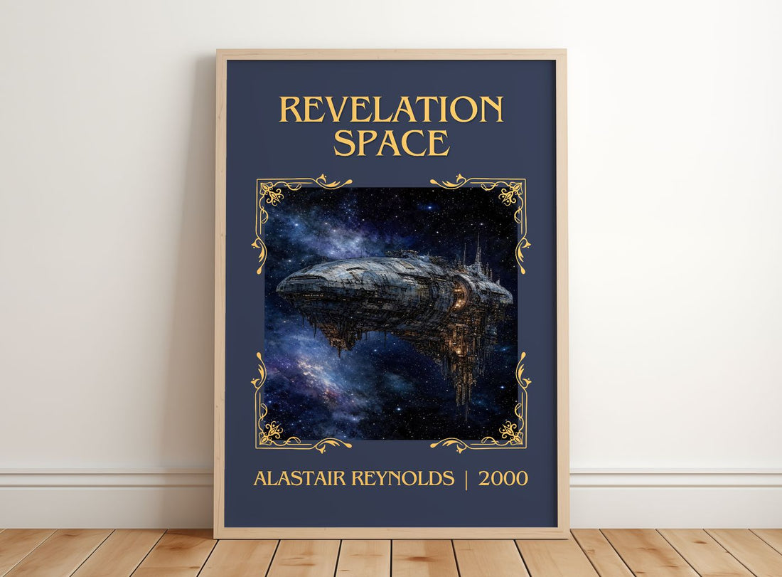 Revelation Space Classic Book Art Print by Alastair Reynolds – framed print leaning on a wooden floor