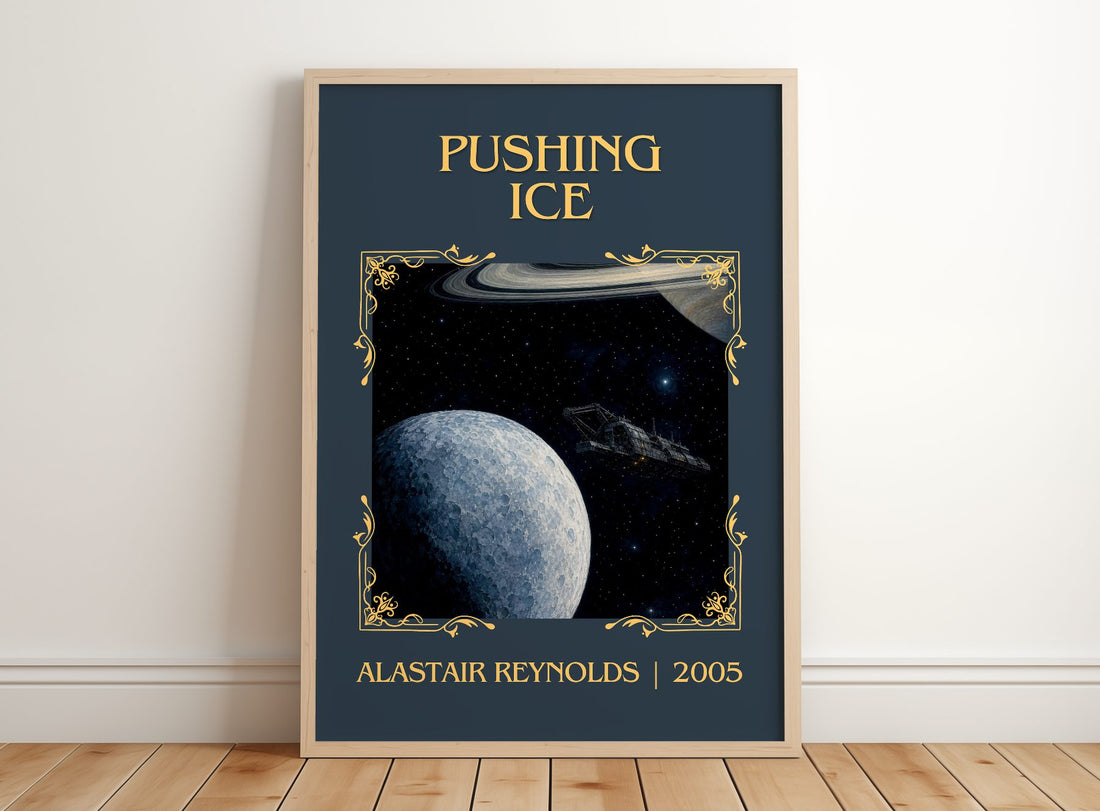 Pushing Ice Classic Book Art Print by Alastair Reynolds – framed print leaning on a wooden floor