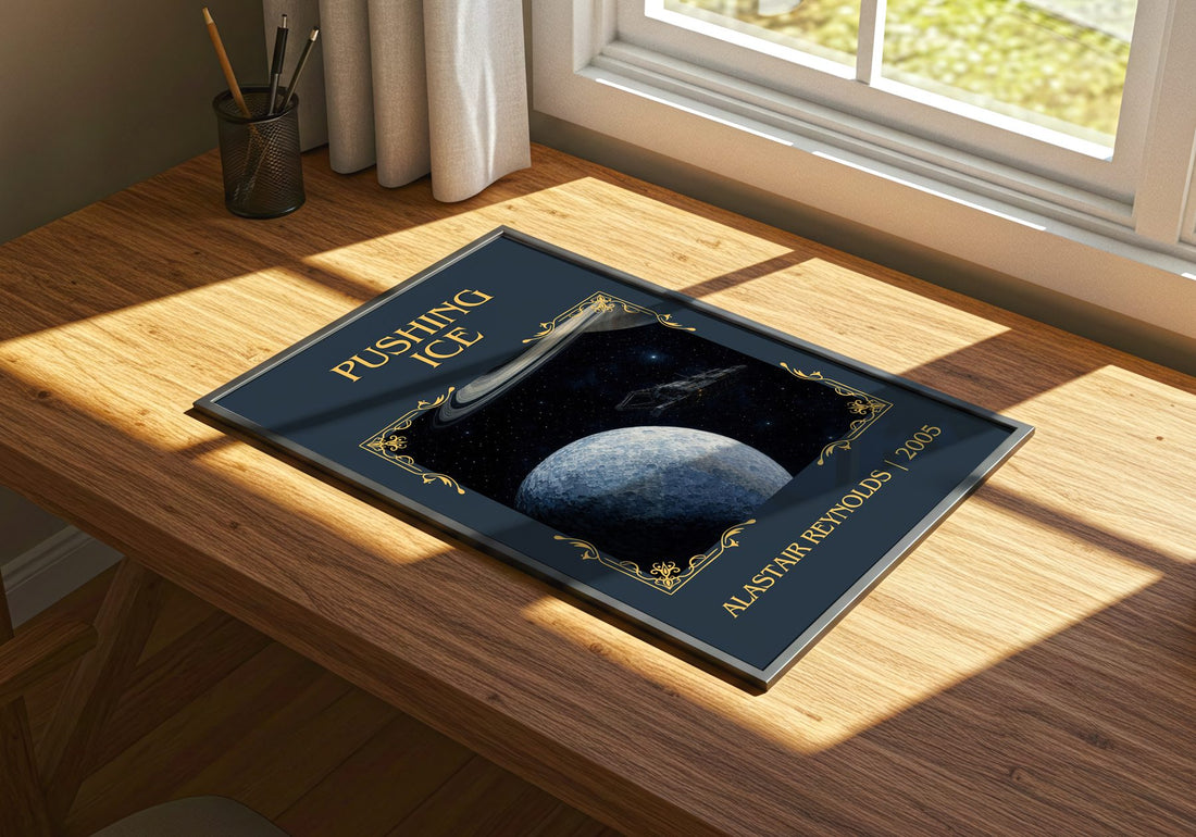 Pushing Ice Classic Book Art Print by Alastair Reynolds – print on a sunlit desk