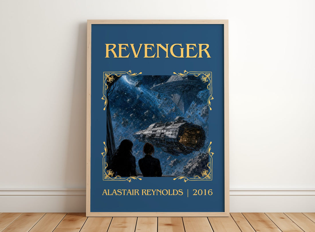 Revenger Classic Book Art Print by Alastair Reynolds – framed print leaning on a wooden floor