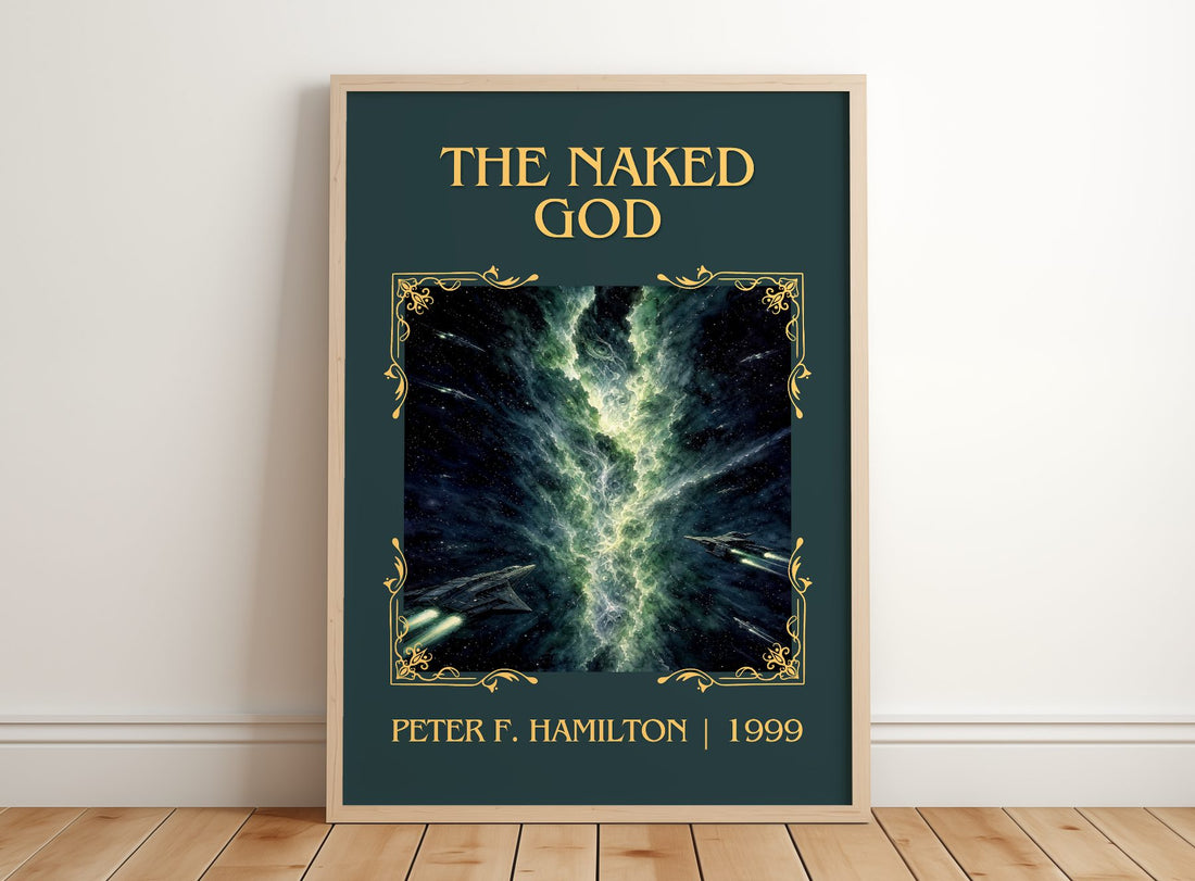 The Naked God Classic Book Art Print by Peter F. Hamilton – framed print leaning on a wooden floor