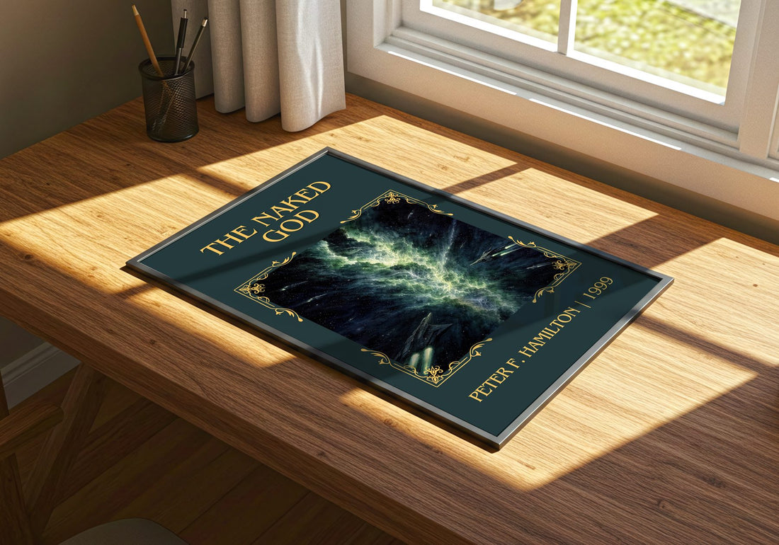 The Naked God Classic Book Art Print by Peter F. Hamilton – print on a sunlit desk