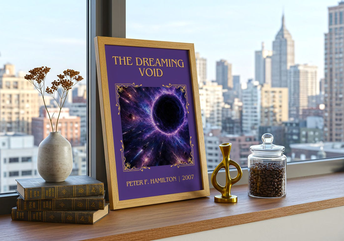The Dreaming Void Classic Book Art Print by Peter F. Hamilton – framed print on a city-view windowsill