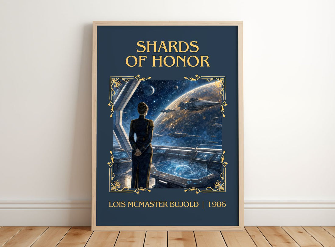 Shards of Honor Classic Book Art Print by Lois McMaster Bujold – framed print leaning on a wooden floor