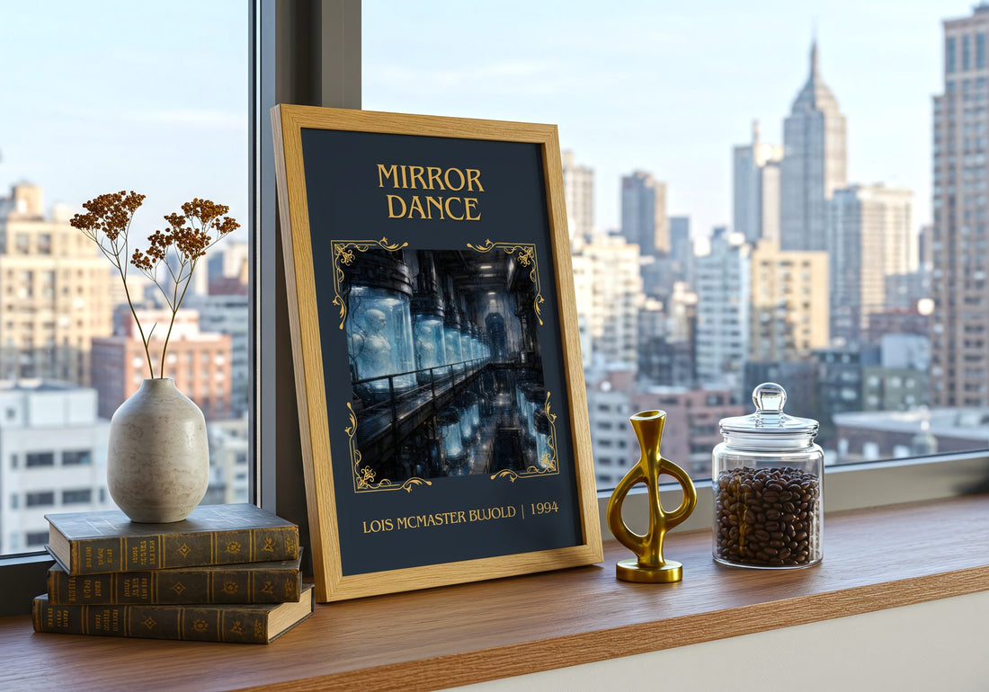 Mirror Dance Classic Book Art Print by Lois McMaster Bujold – framed print on a city-view windowsill