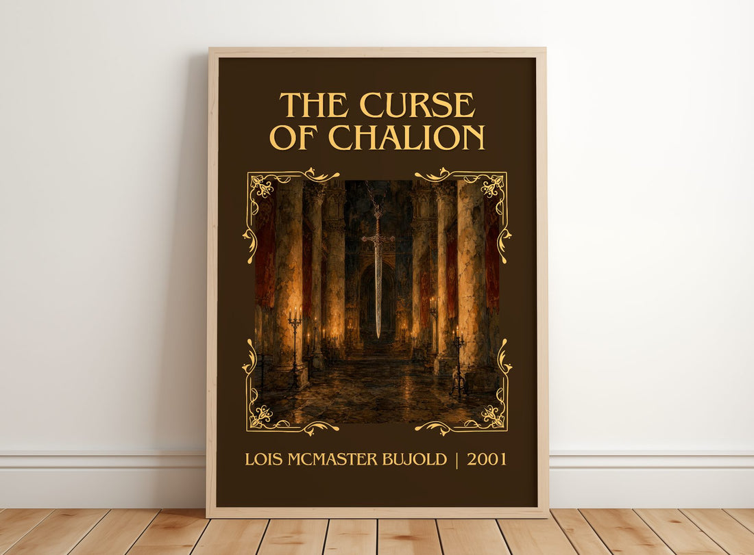 The Curse of Chalion Classic Book Art Print by Lois McMaster Bujold – framed print leaning on a wooden floor