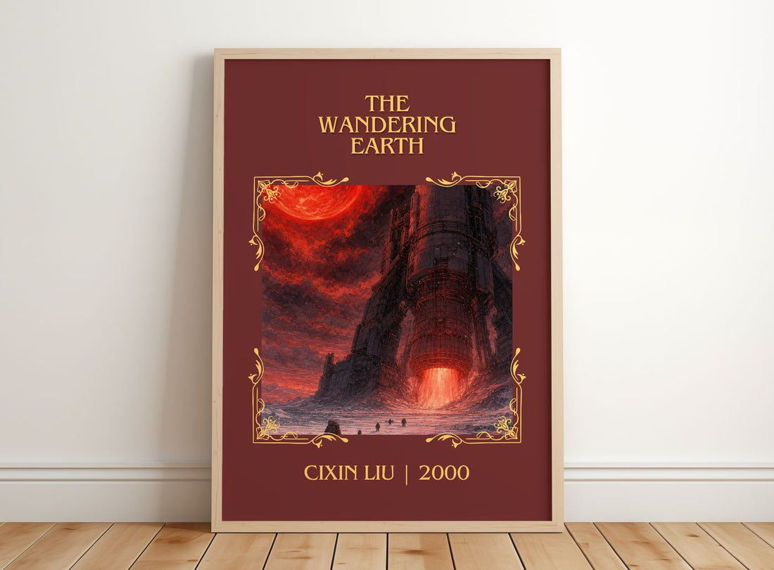 The Wandering Earth Classic Book Art Print by Cixin Liu – framed print leaning on a wooden floor