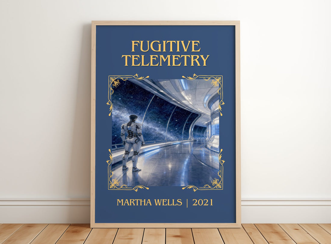 Fugitive Telemetry Classic Book Art Print by Martha Wells – framed print leaning on a wooden floor