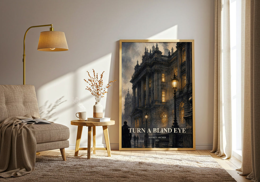 Turn A Blind Eye watercolour print in frame leaning in hallway – crime wall art (mockup)