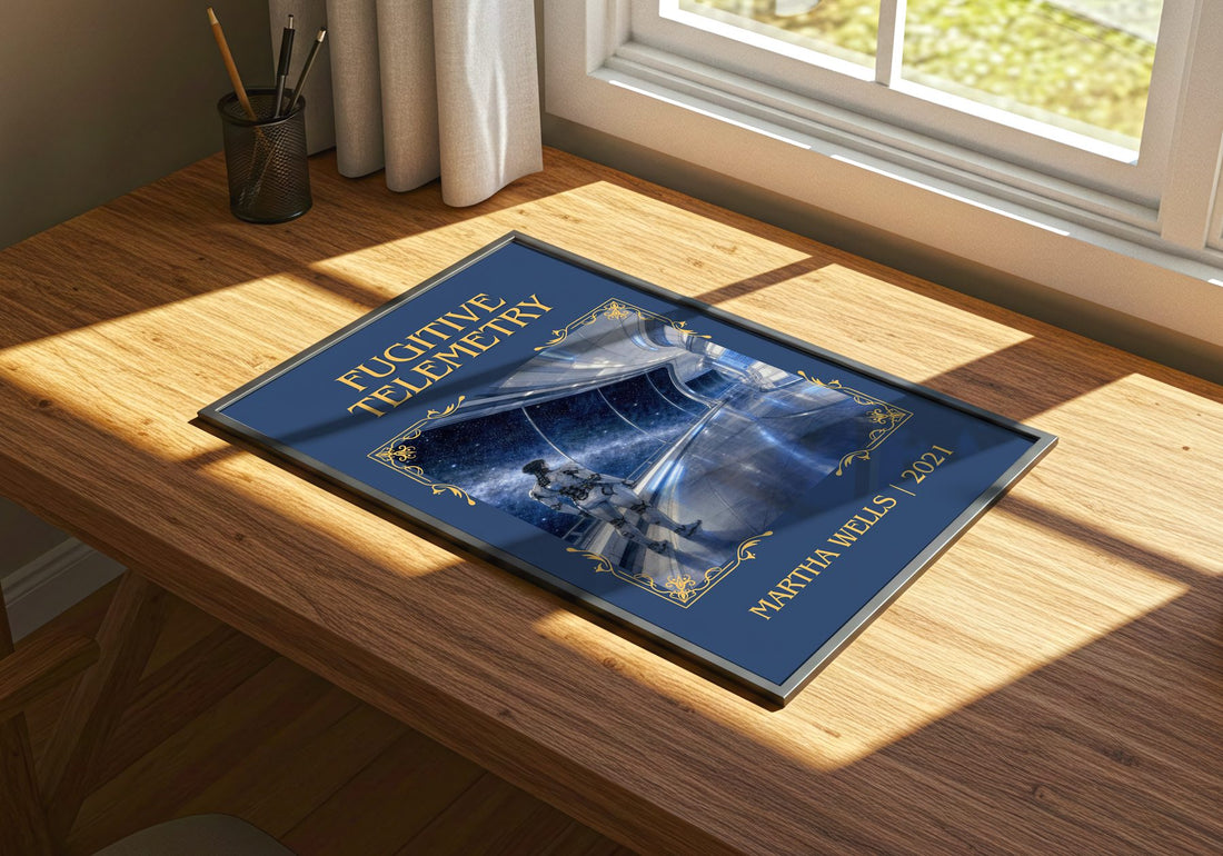 Fugitive Telemetry Classic Book Art Print by Martha Wells – print on a sunlit desk