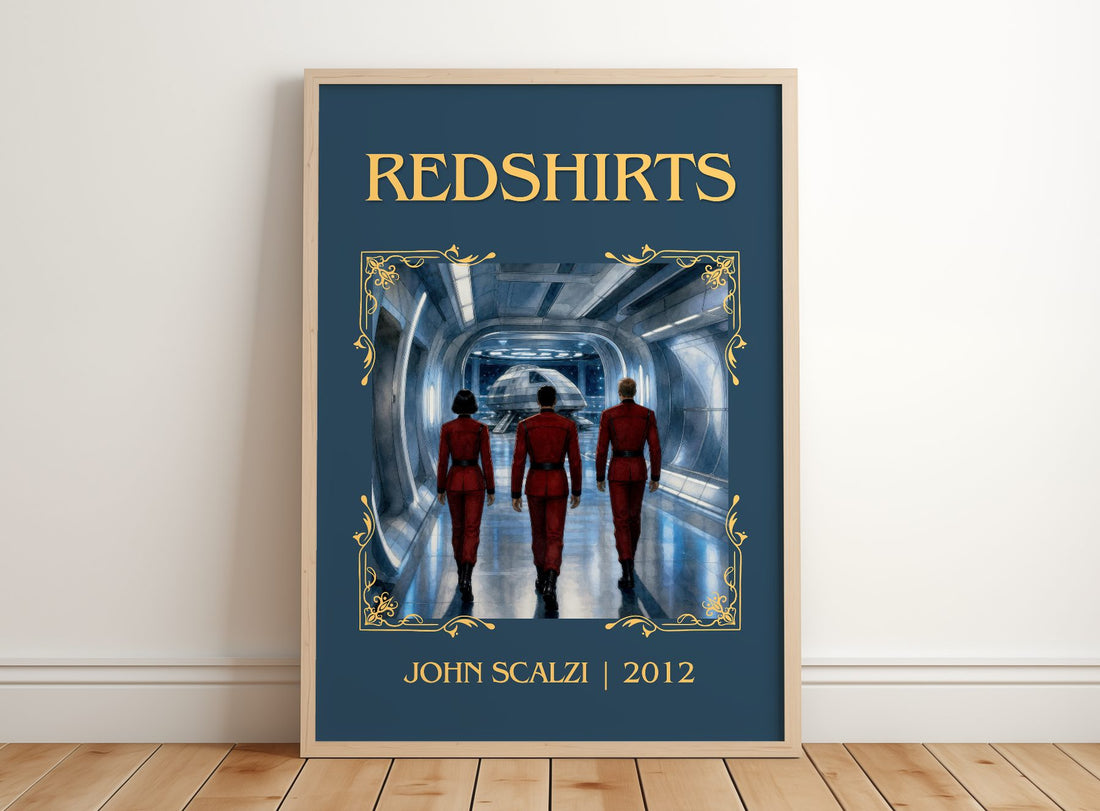 Redshirts Classic Book Art Print by John Scalzi – framed print leaning on a wooden floor