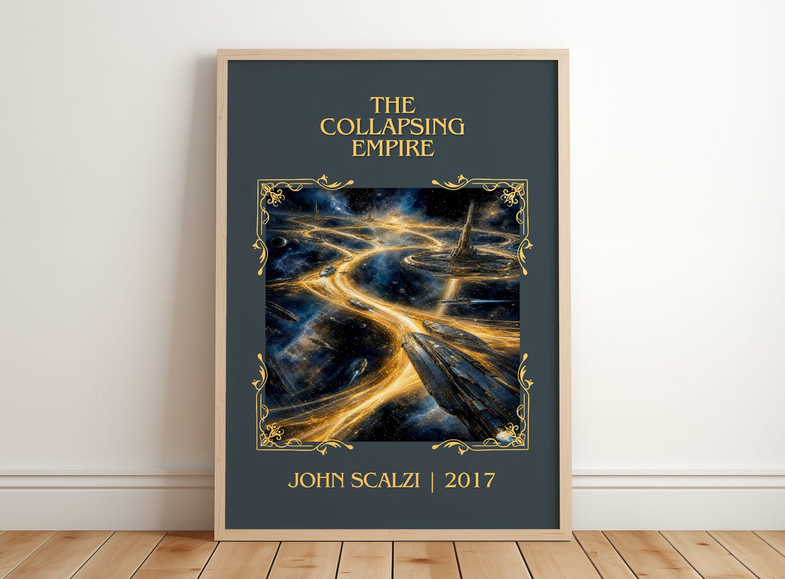 The Collapsing Empire Classic Book Art Print by John Scalzi – framed print leaning on a wooden floor