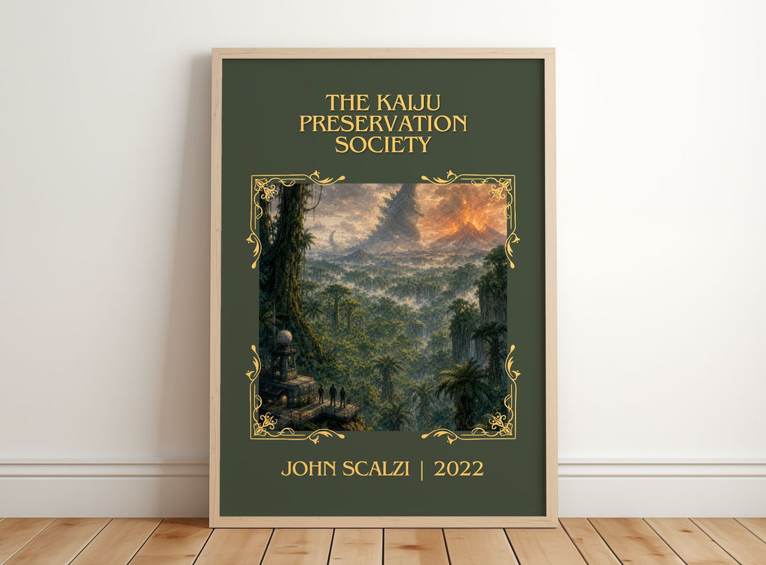 The Kaiju Preservation Society Classic Book Art Print by John Scalzi – framed print leaning on a wooden floor