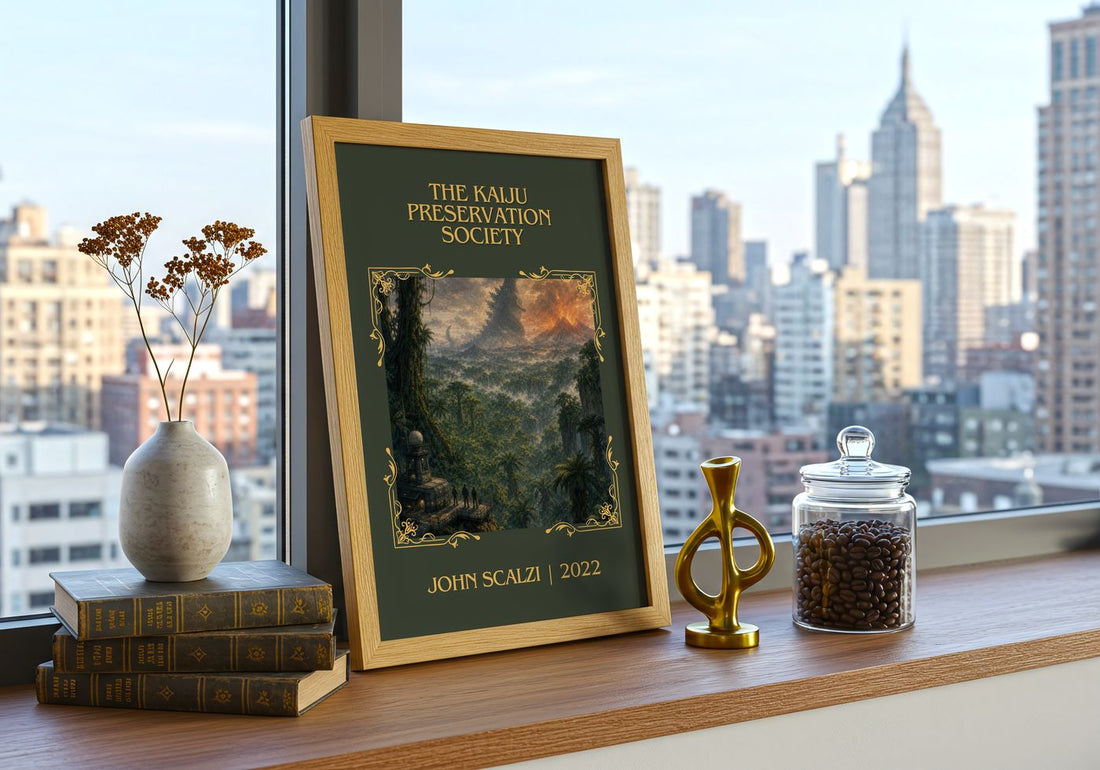 The Kaiju Preservation Society Classic Book Art Print by John Scalzi – framed print on a city-view windowsill