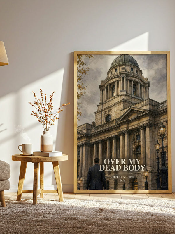 Over My Dead Body watercolour print in frame leaning in hallway – thriller wall art