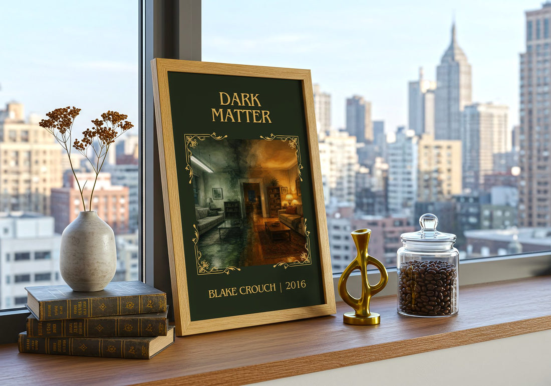 Dark Matter Classic Book Art Print by Blake Crouch – framed print on a city-view windowsill
