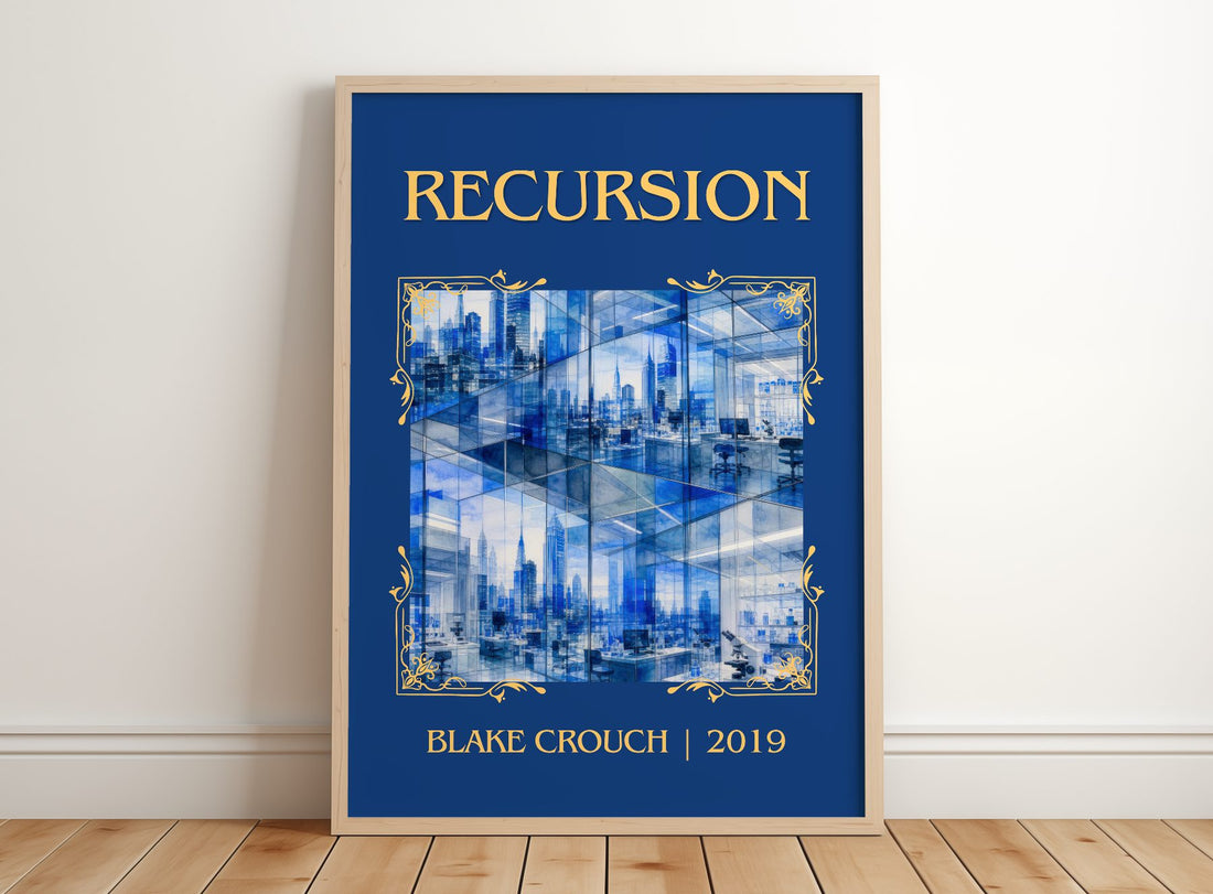 Recursion Classic Book Art Print by Blake Crouch – framed print leaning on a wooden floor