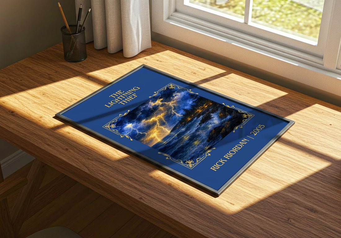 The Lightning Thief Classic Book Art Print by Rick Riordan – print on a sunlit desk
