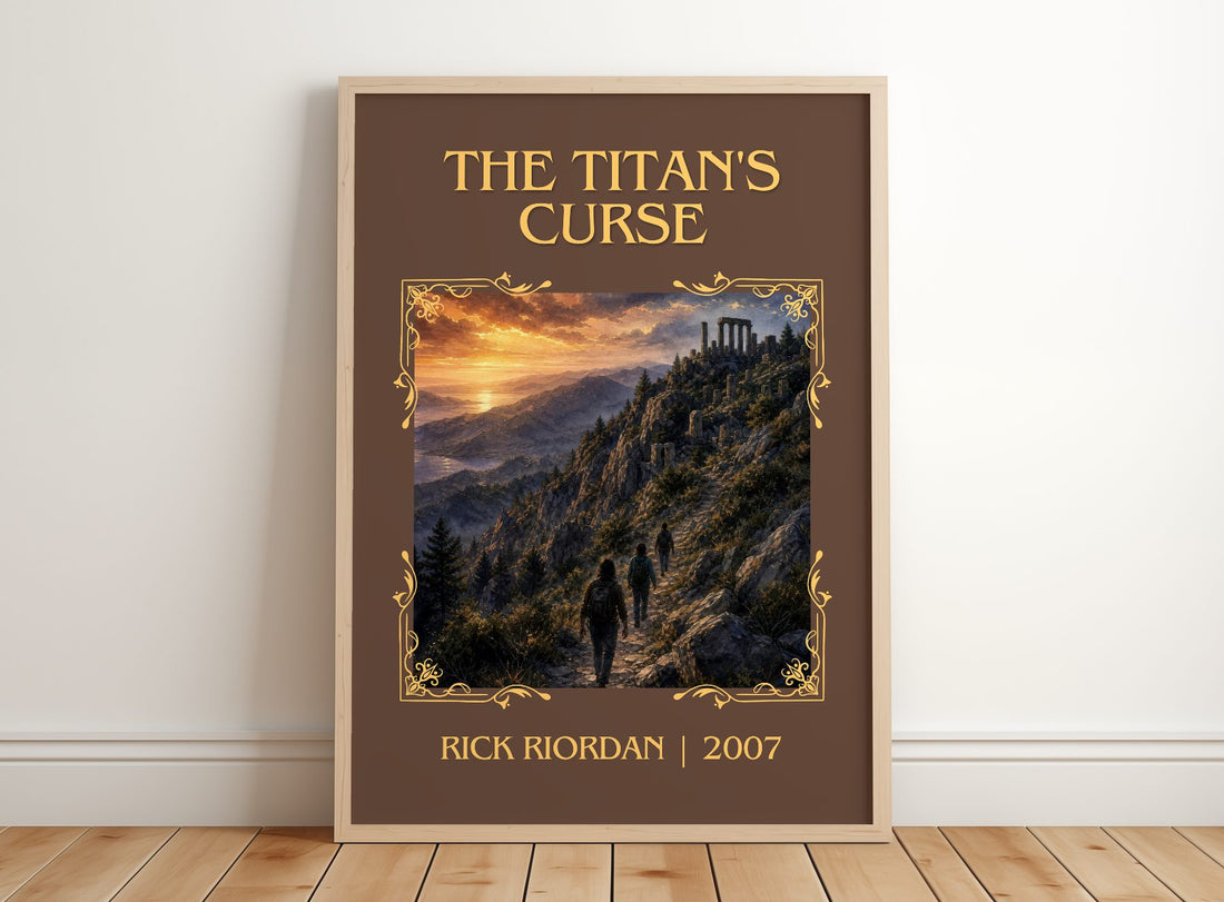 The Titan's Curse Classic Book Art Print by Rick Riordan – framed print leaning on a wooden floor