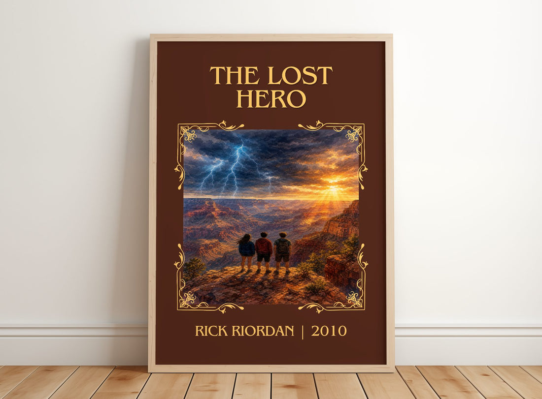 The Lost Hero Classic Book Art Print by Rick Riordan – framed print leaning on a wooden floor