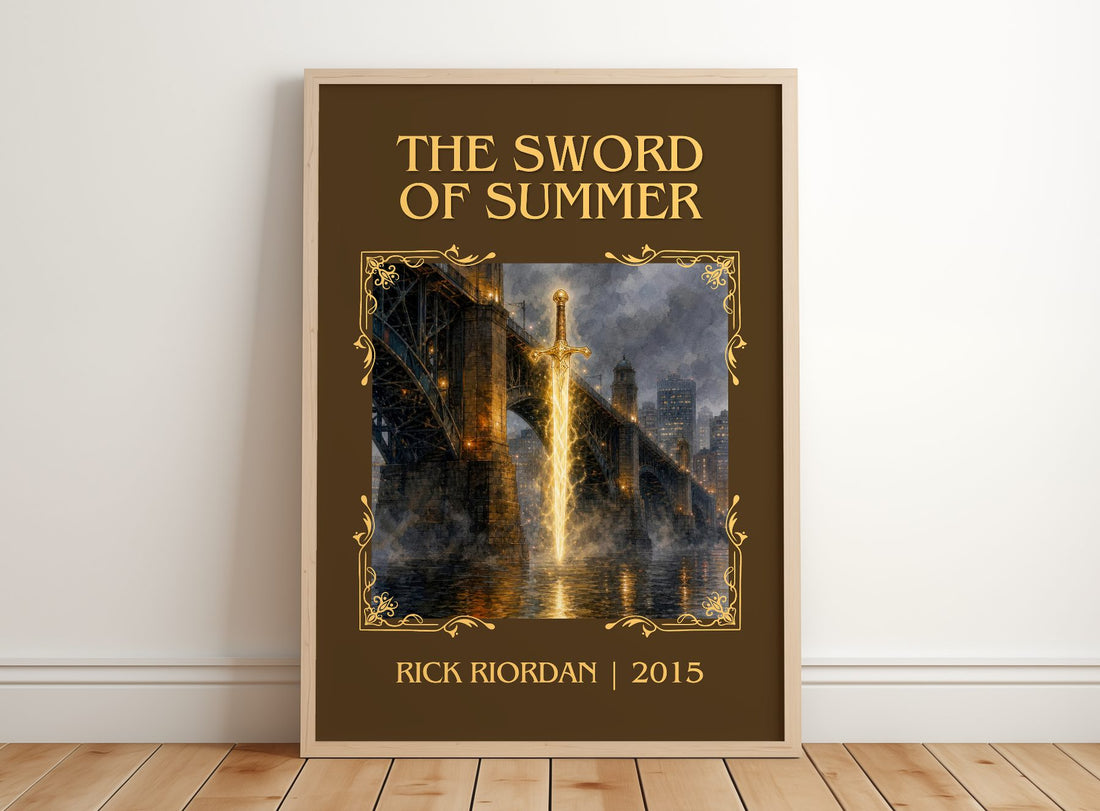 The Sword of Summer Classic Book Art Print by Rick Riordan – framed print leaning on a wooden floor