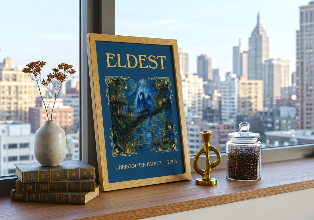 Eldest Classic Book Art Print by Christopher Paolini – framed print on a city-view windowsill