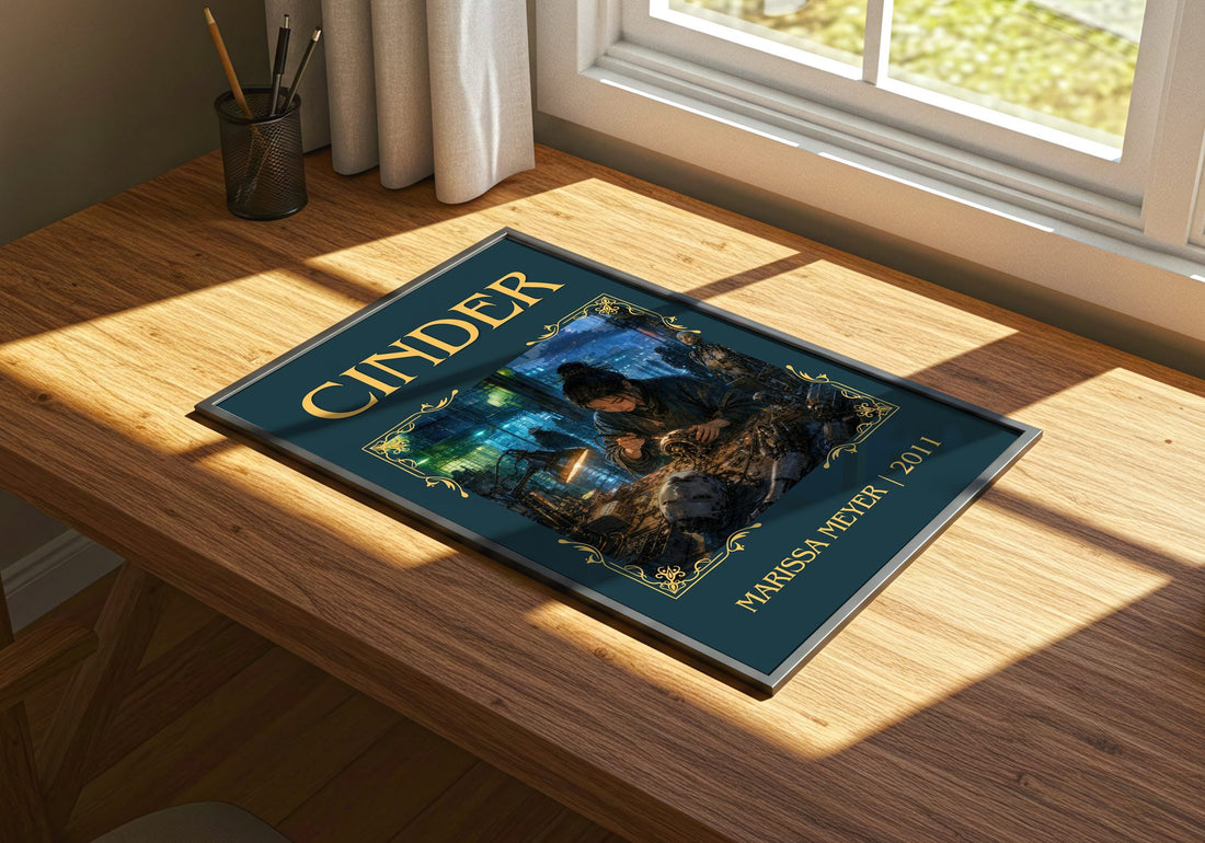 Cinder Classic Book Art Print by Marissa Meyer – print on a sunlit desk
