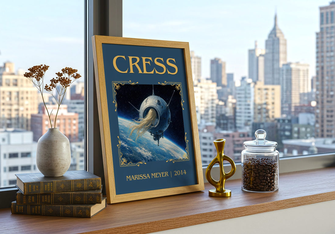 Cress Classic Book Art Print by Marissa Meyer – framed print on a city-view windowsill
