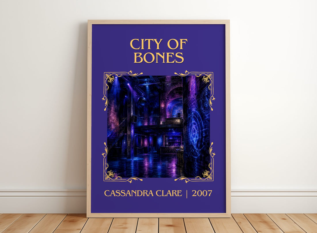 City of Bones Classic Book Art Print by Cassandra Clare – framed print leaning on a wooden floor