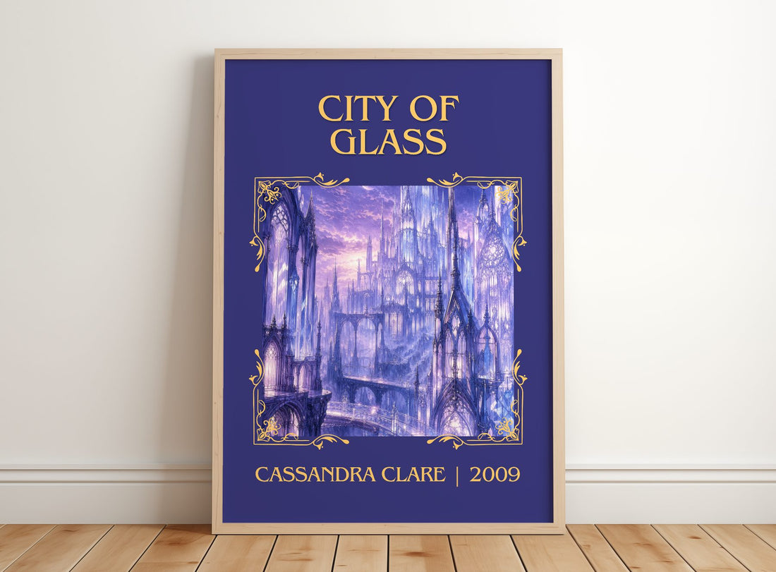 City of Glass Classic Book Art Print by Cassandra Clare – framed print leaning on a wooden floor
