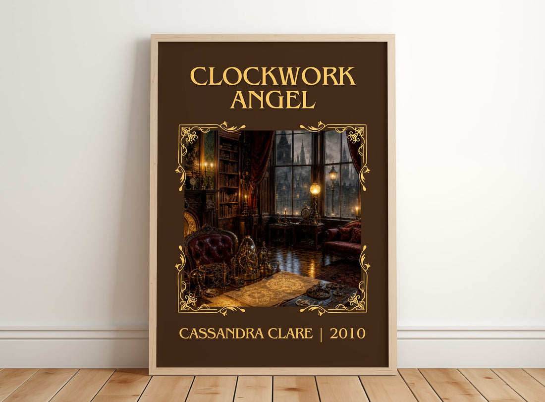 Clockwork Angel Classic Book Art Print by Cassandra Clare – framed print leaning on a wooden floor