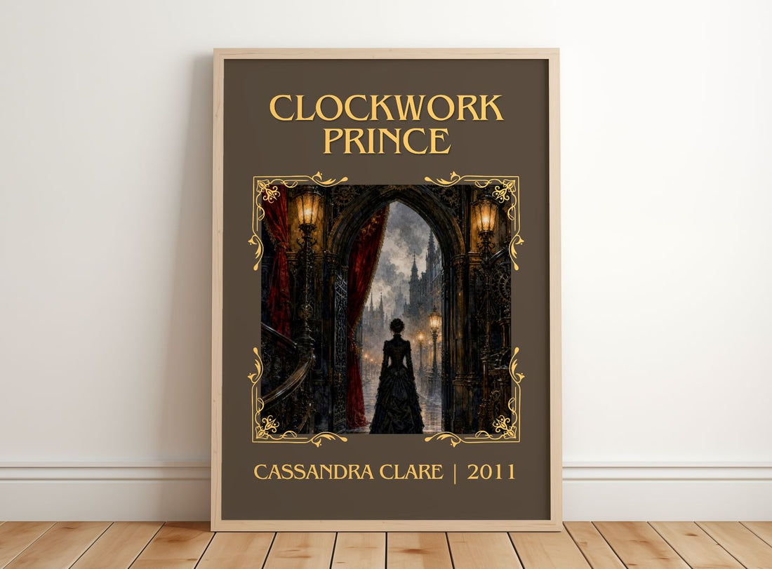 Clockwork Prince Classic Book Art Print by Cassandra Clare – framed print leaning on a wooden floor