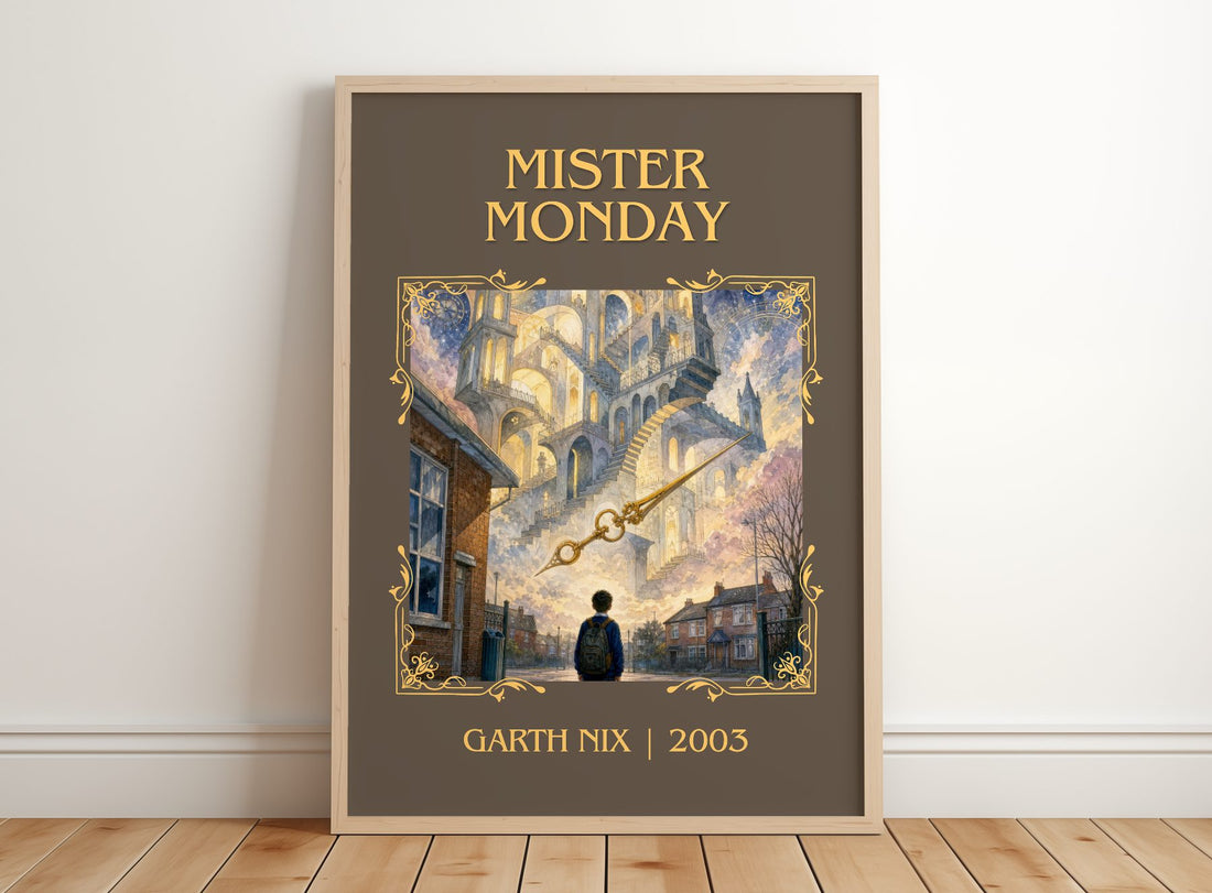 Mister Monday Classic Book Art Print by Garth Nix – framed print leaning on a wooden floor