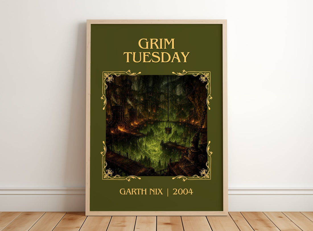 Grim Tuesday Classic Book Art Print by Garth Nix – framed print leaning on a wooden floor