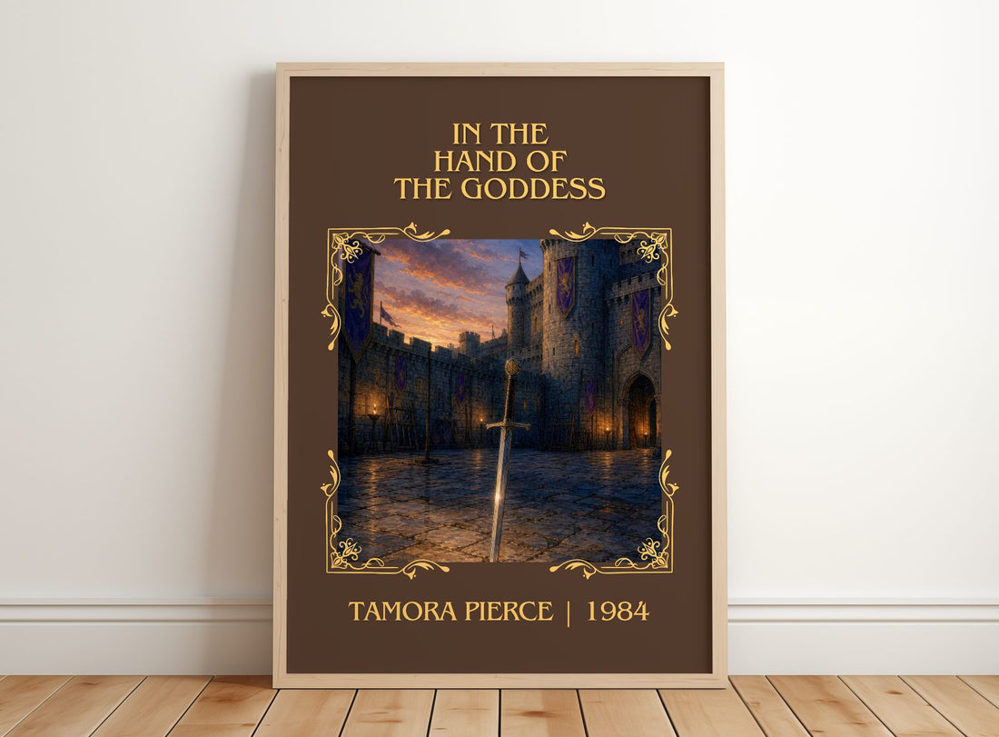 In the Hand of the Goddess Classic Book Art Print by Tamora Pierce – framed print leaning on a wooden floor