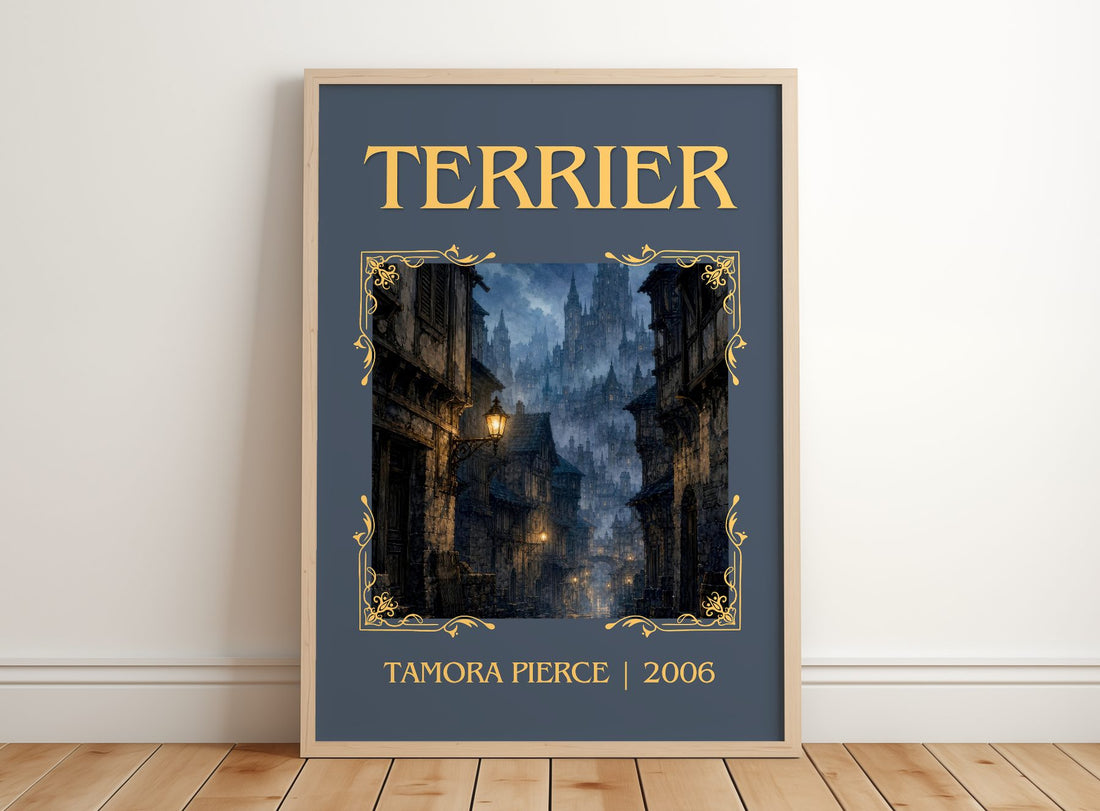 Terrier Classic Book Art Print by Tamora Pierce – framed print leaning on a wooden floor