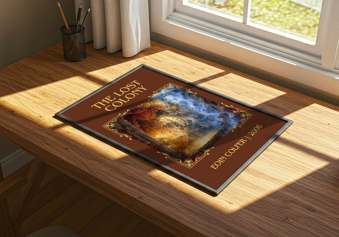 The Lost Colony Classic Book Art Print by Eoin Colfer – print on a sunlit desk