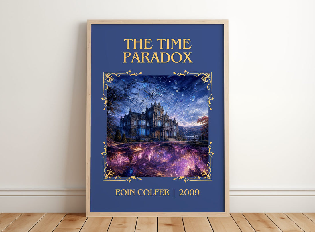 The Time Paradox Classic Book Art Print by Eoin Colfer – framed print leaning on a wooden floor