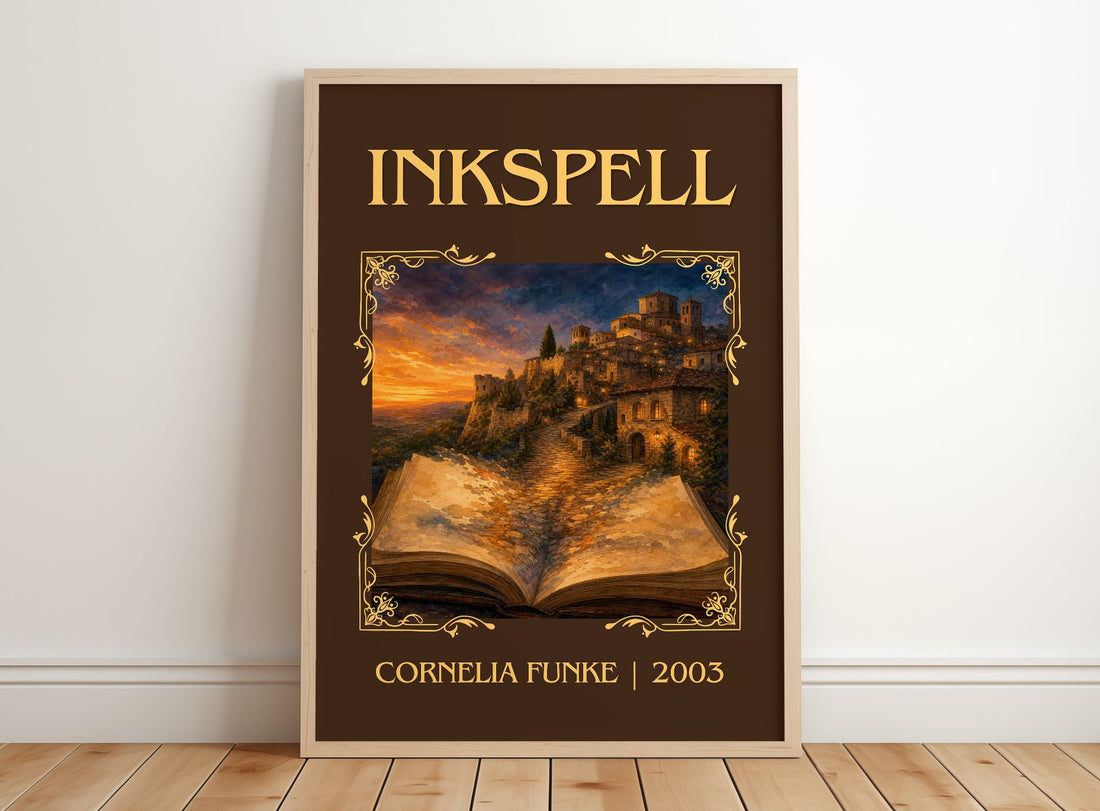 Inkspell Classic Book Art Print by Cornelia Funke – framed print leaning on a wooden floor