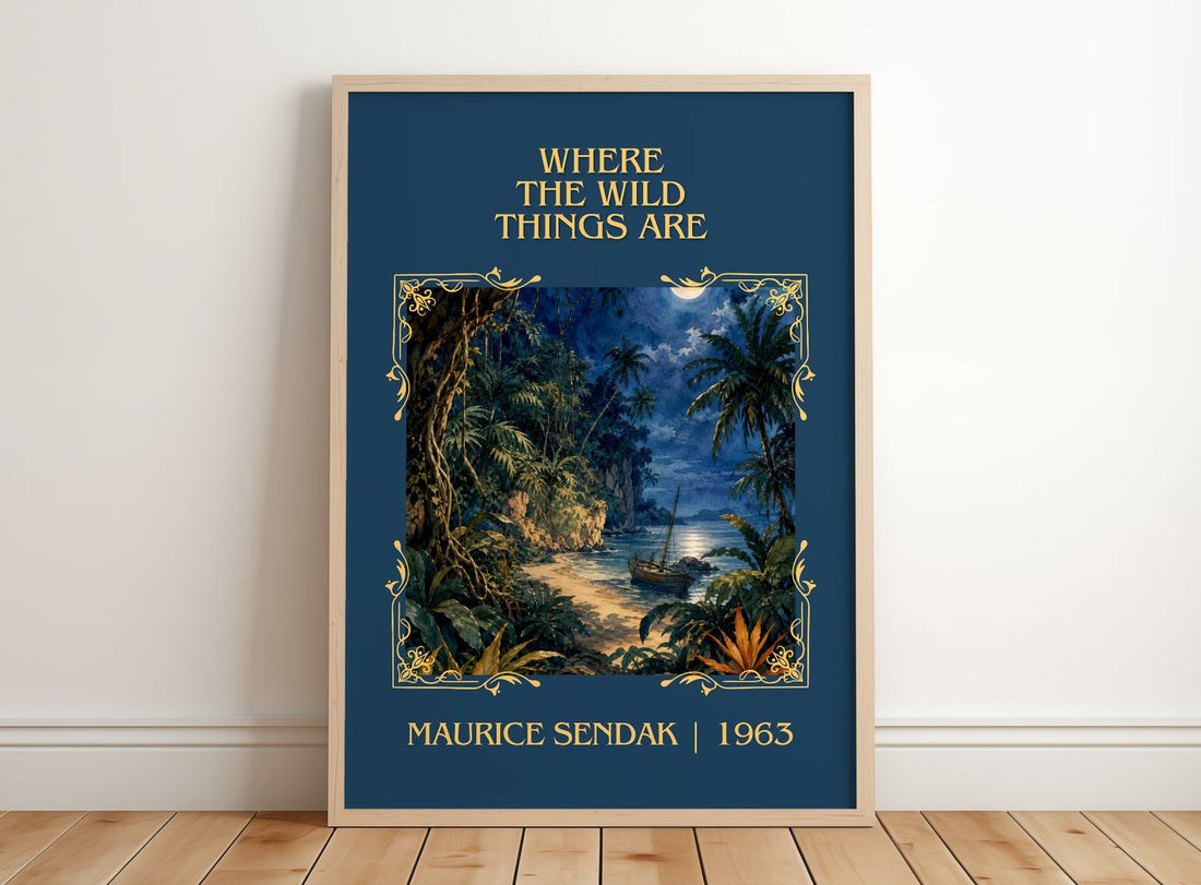 Where the Wild Things Are Classic Book Art Print by Maurice Sendak – framed print leaning on a wooden floor