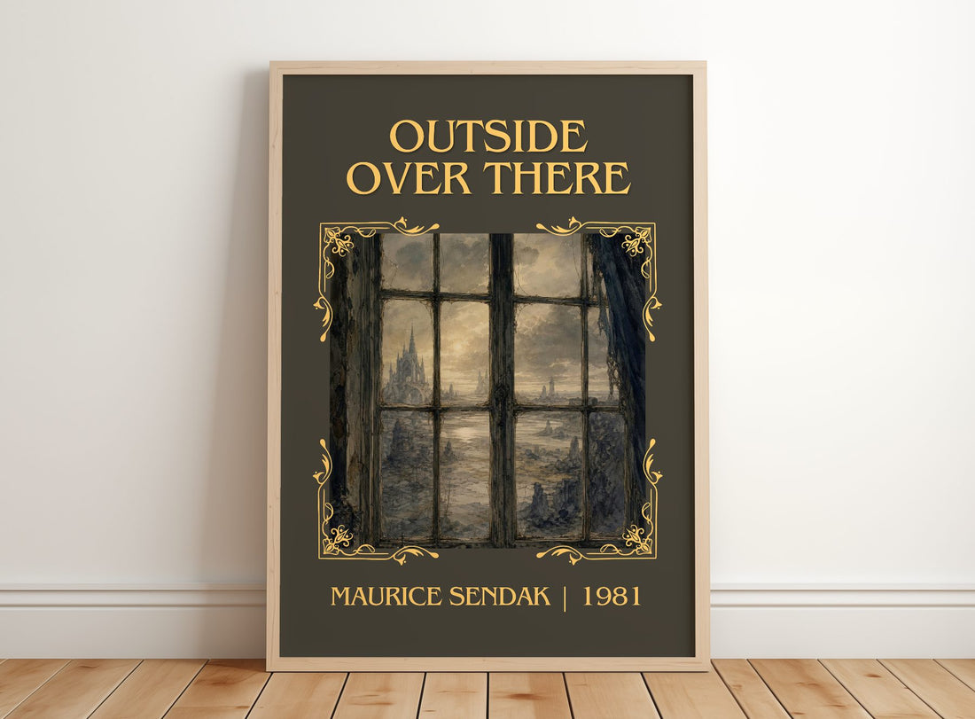 Outside Over There Classic Book Art Print by Maurice Sendak – framed print leaning on a wooden floor