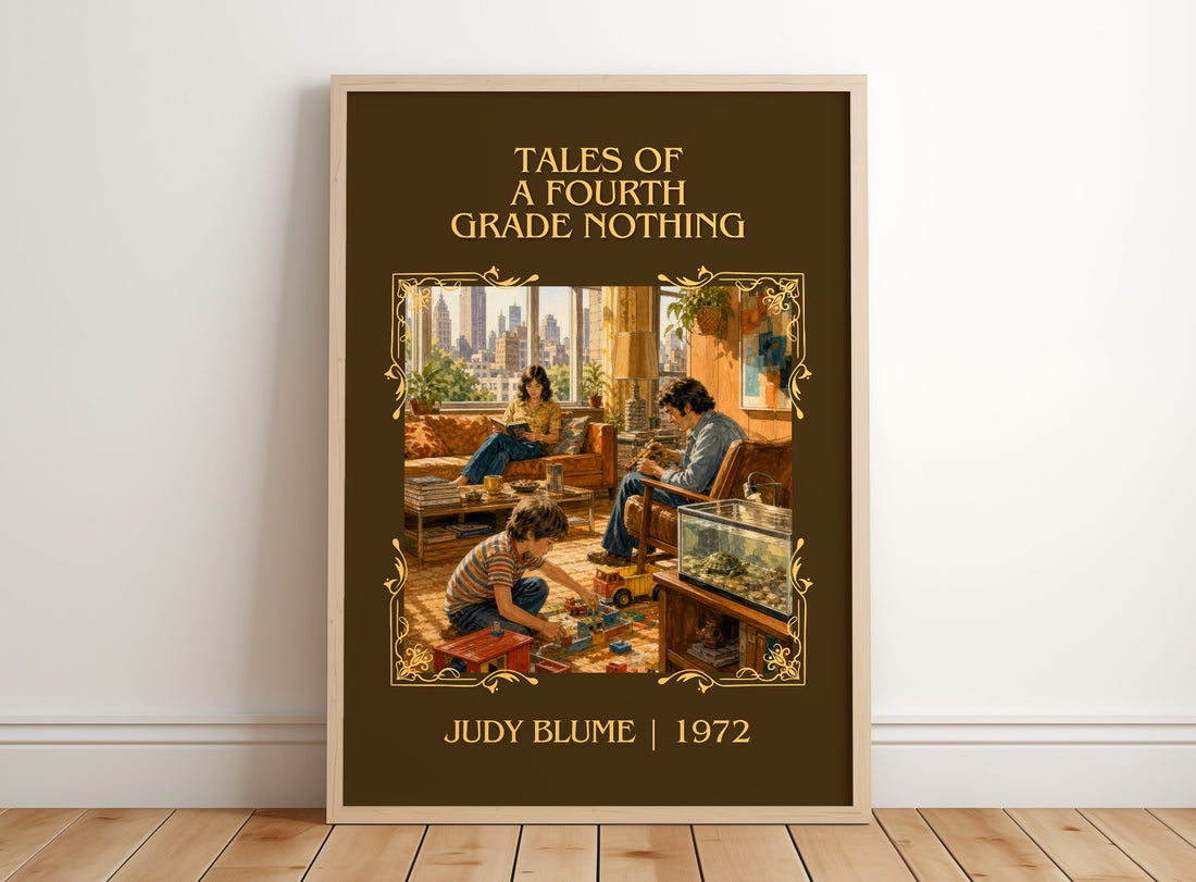 Tales of a Fourth Grade Nothing Classic Book Art Print by Judy Blume – framed print leaning on a wooden floor
