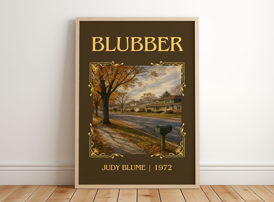 Blubber Classic Book Art Print by Judy Blume – framed print leaning on a wooden floor