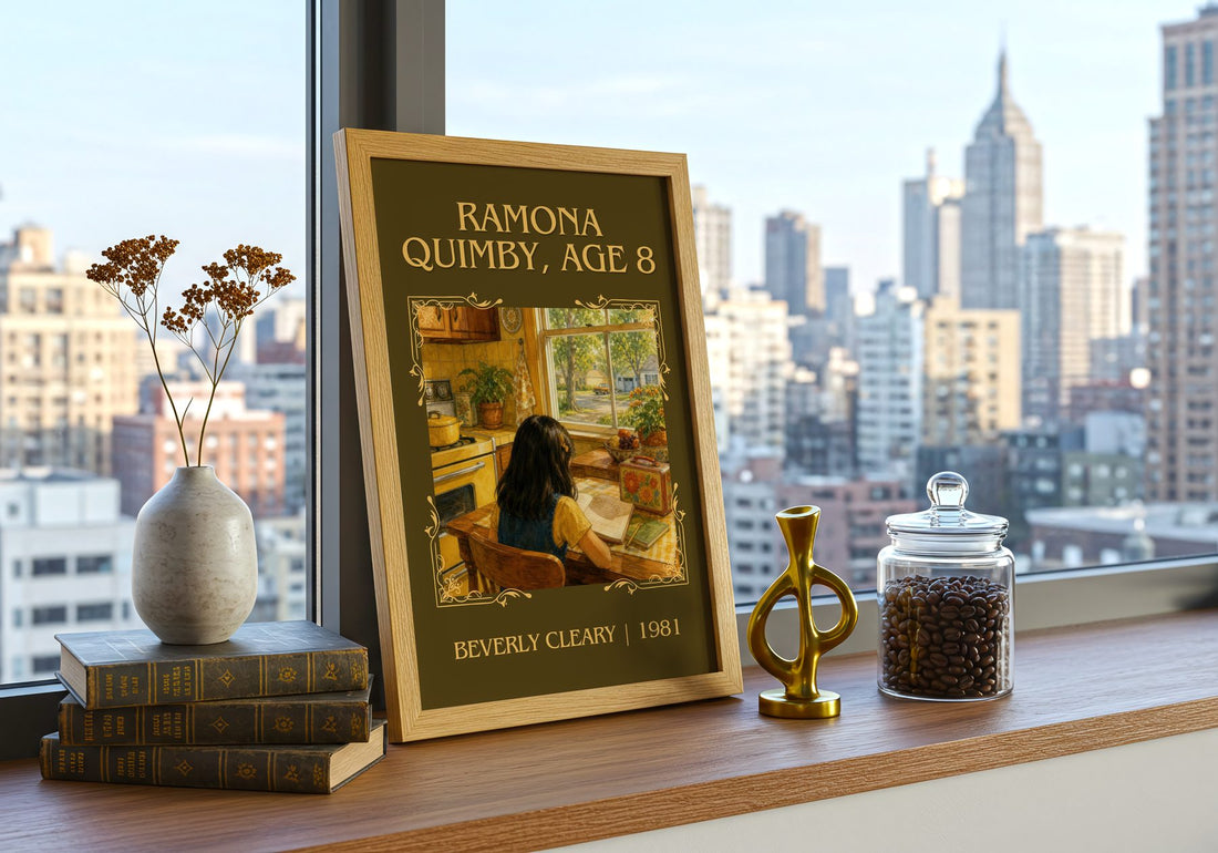 Ramona Quimby, Age 8 Classic Book Art Print by Beverly Cleary – framed print on a city-view windowsill