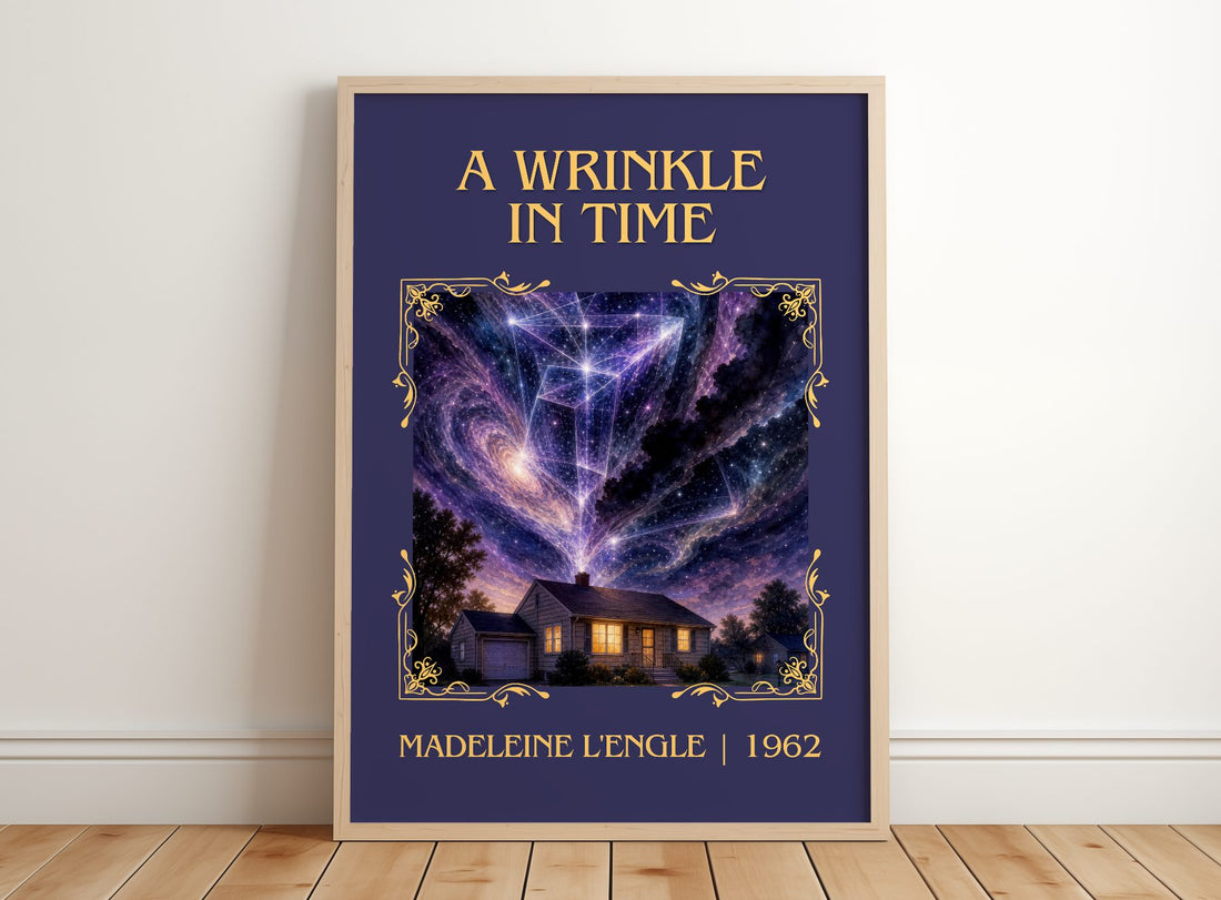A Wrinkle in Time Classic Book Art Print by Madeleine L'Engle – framed print leaning on a wooden floor