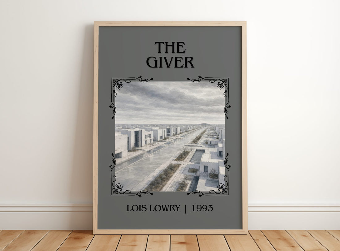 The Giver Classic Book Art Print by Lois Lowry – framed print leaning on a wooden floor