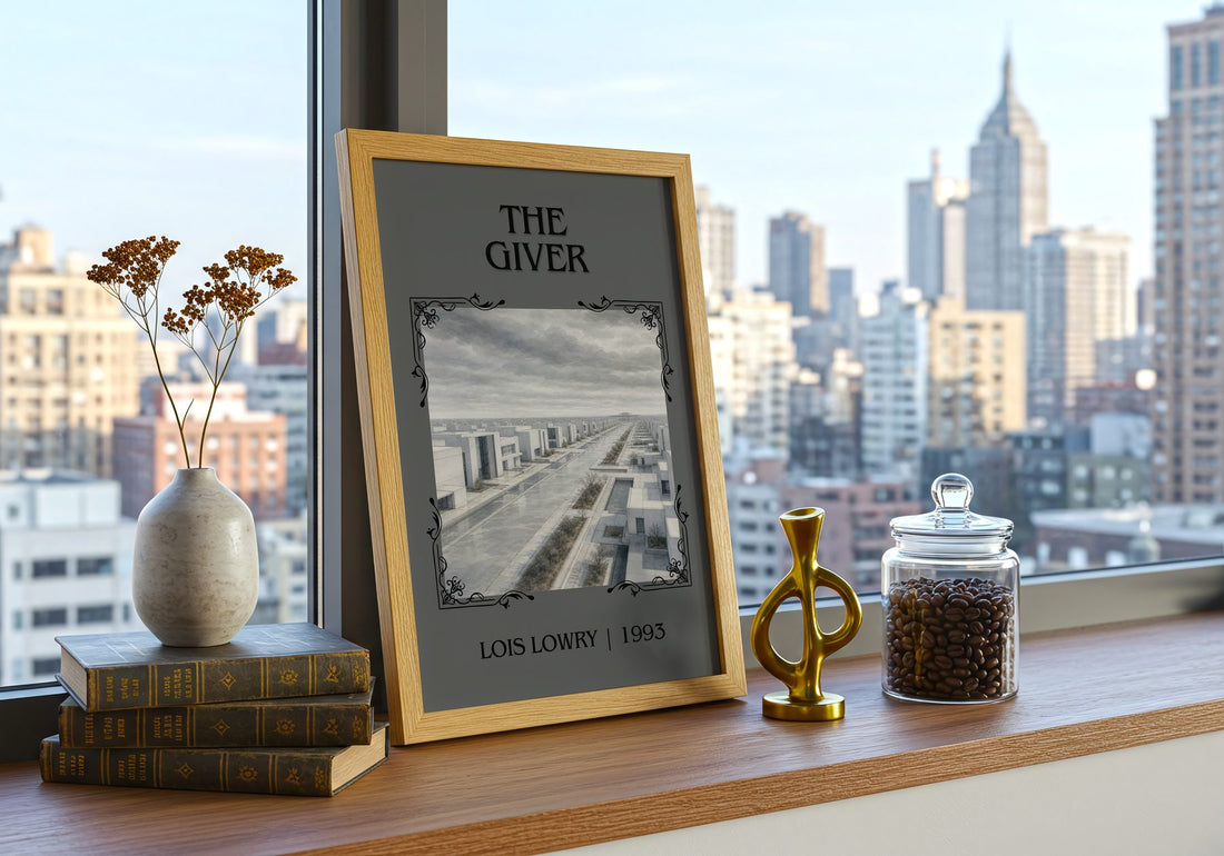 The Giver Classic Book Art Print by Lois Lowry – framed print on a city-view windowsill
