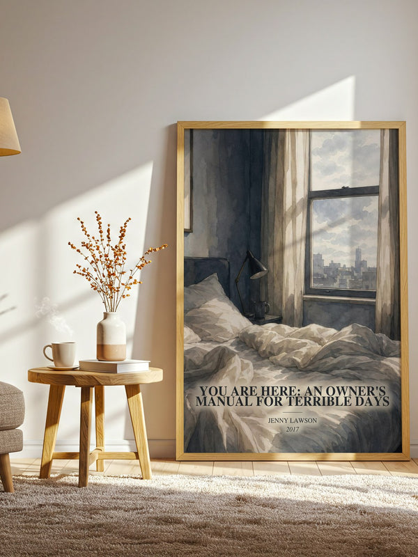 You Are Here: An Owner'S Manual For Terrible Days watercolour print in frame leaning in hallway – memoir wall art