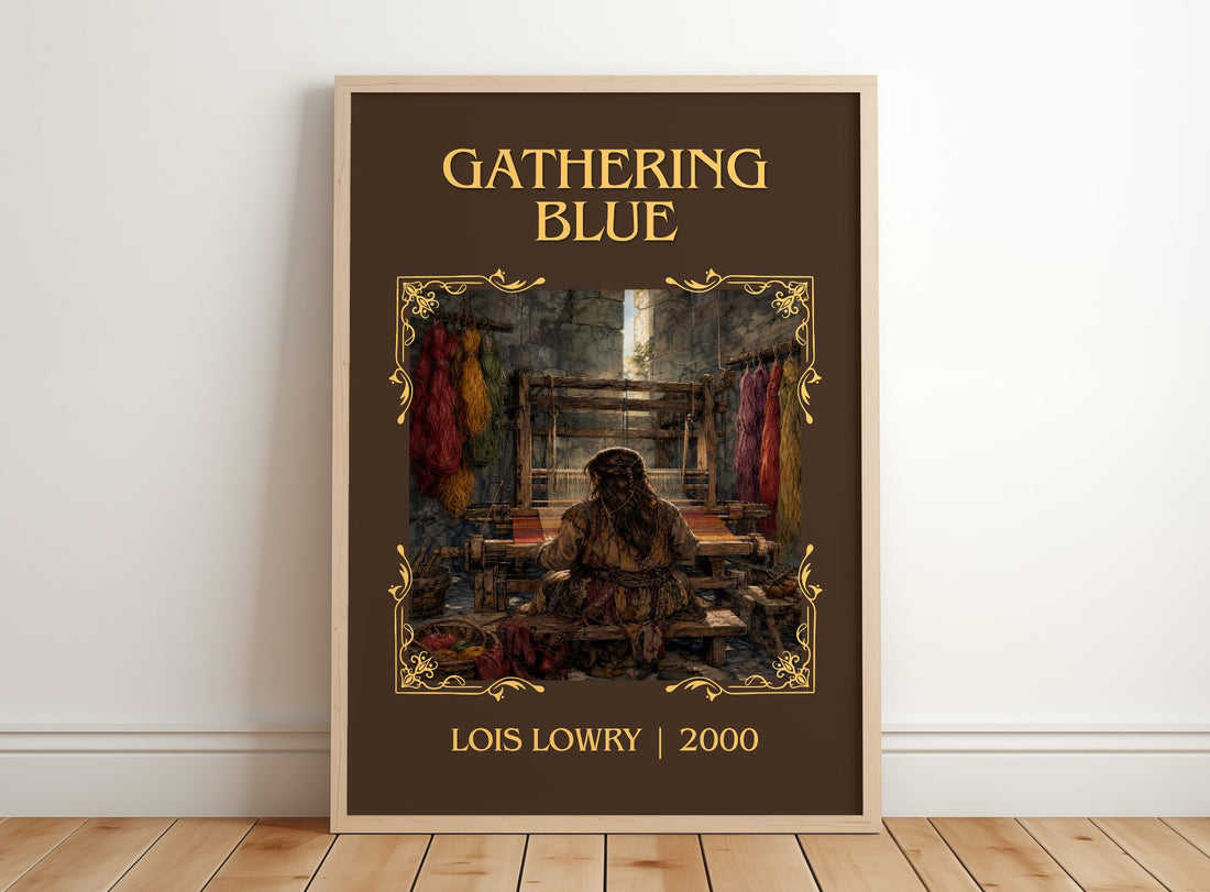 Gathering Blue Classic Book Art Print by Lois Lowry – framed print leaning on a wooden floor